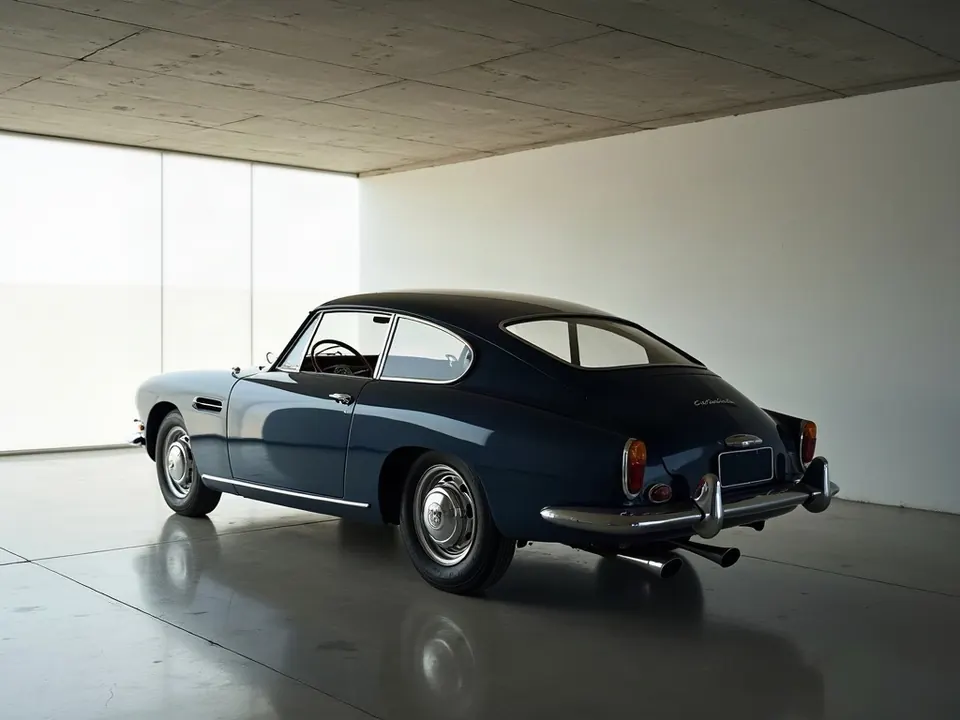 Dunkelblauer Oldtimer in einer hellen Garage