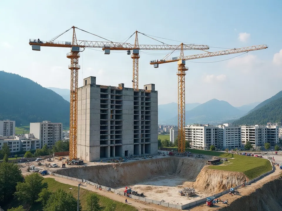 Grossbaustelle mit drei Kränen, einem Rohbau und einer Baugrube