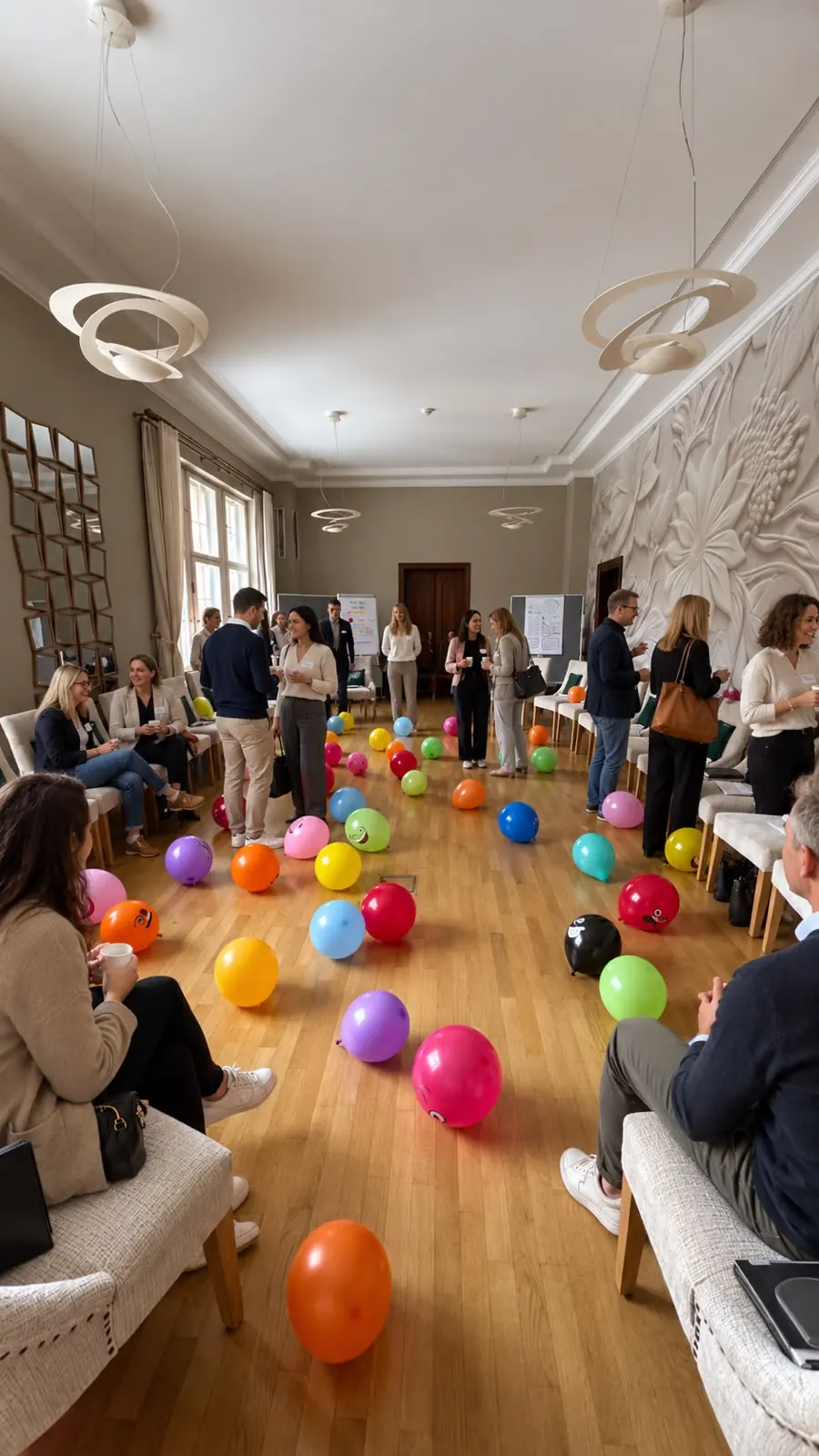 Teilnehmende eines Seminars im Gespräch, in einem hellen Saal mit Luftballons auf dem Boden