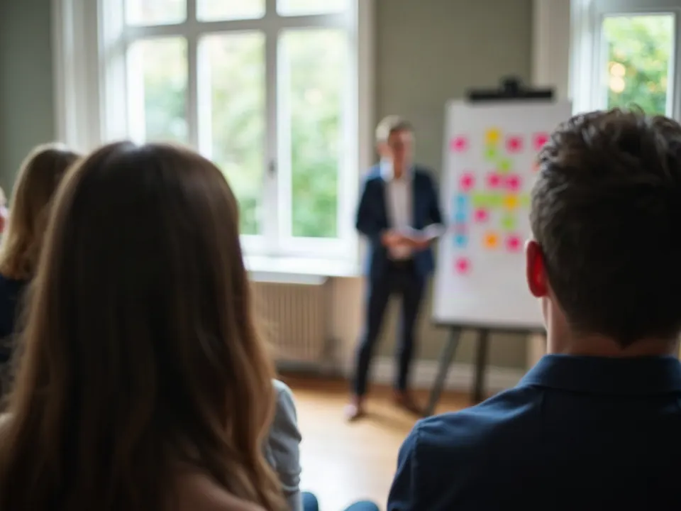 Teilnehmende eines Workshops vor einem Flipchart mit Haftnotizen